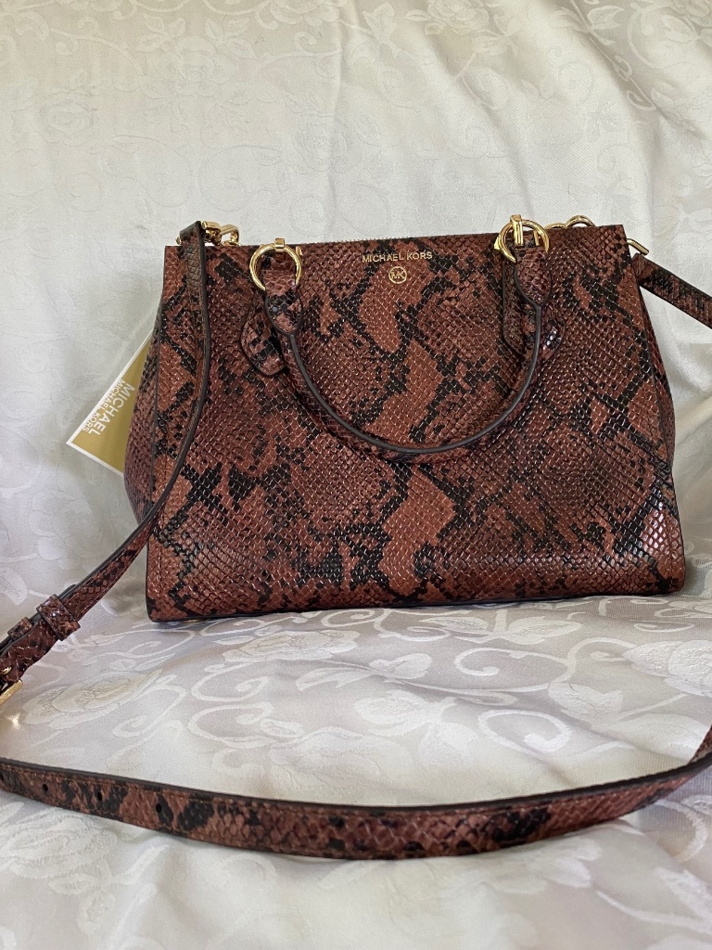Michael Michael Kors Marilyn Medium Satchel Embossed Snake Leather Luggage NWT
